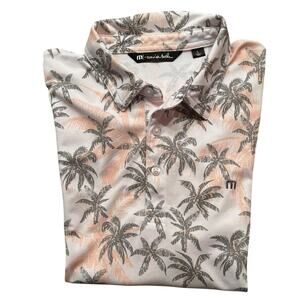 Travis Mathew Polo Shirt Men's Large All Over Palm Tree Print Gray Pale Orange